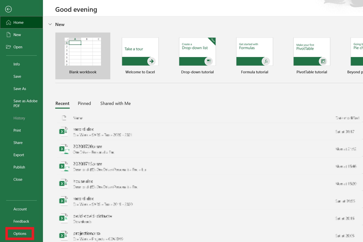 Screenshot of Excel File menu and the location of the Options menu item.