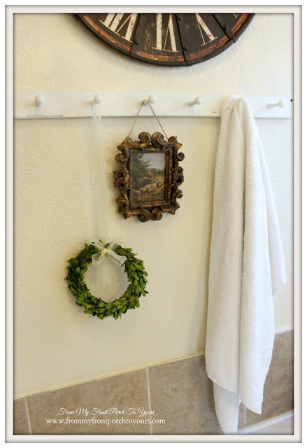 Farmhouse Master Bathroom-French Country-Peg Towel Rack-Mini Boxwood Wreath- From My Front Porch To Yours