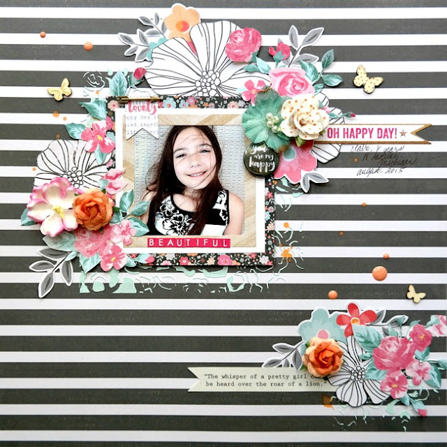 Mixed Media Scrapbook Layout with Stripes and Flowers