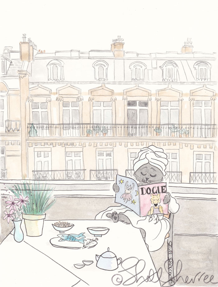 Paris Balcony Breakfast Kitty  © Shell Sherree all rights reserved