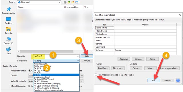 esportazione clip estratta con audacity