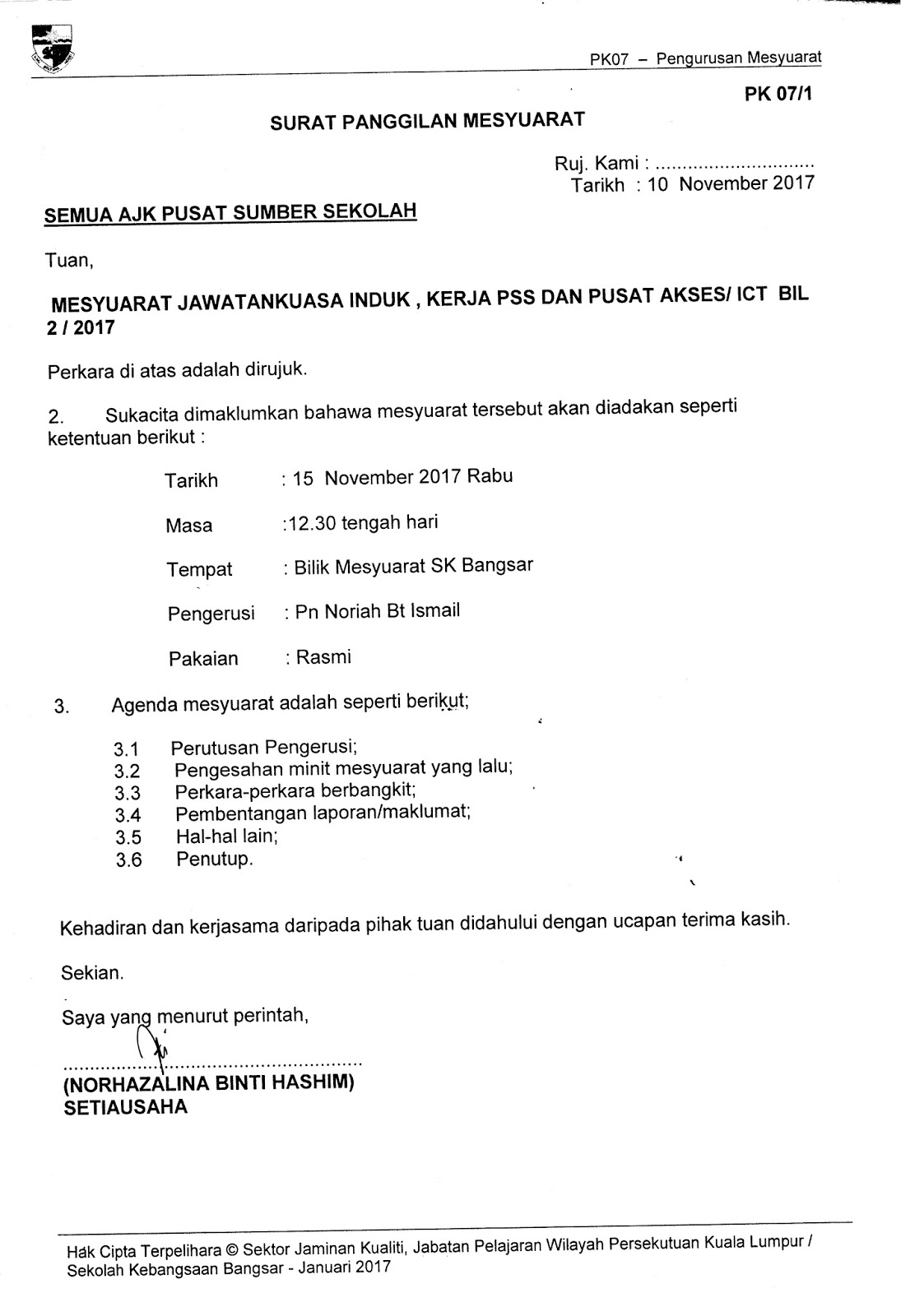 Surat Panggilan Mesyuarat Pusat Sumber Sekolah