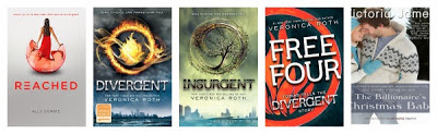 Reached (Condie), Divergent (Roth), Insurgent (Roth), Free Four (Roth), The Billionaire's Christmas Baby (James)