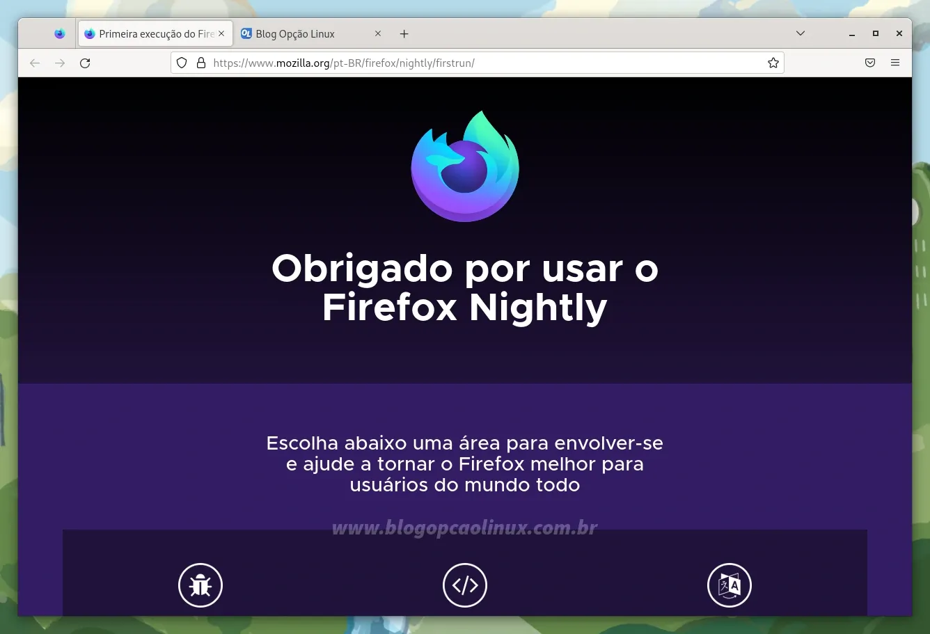 Mozilla Firefox Nightly executando no Fedora 37 Workstation