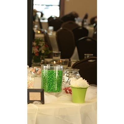 A green vase held the treat bags