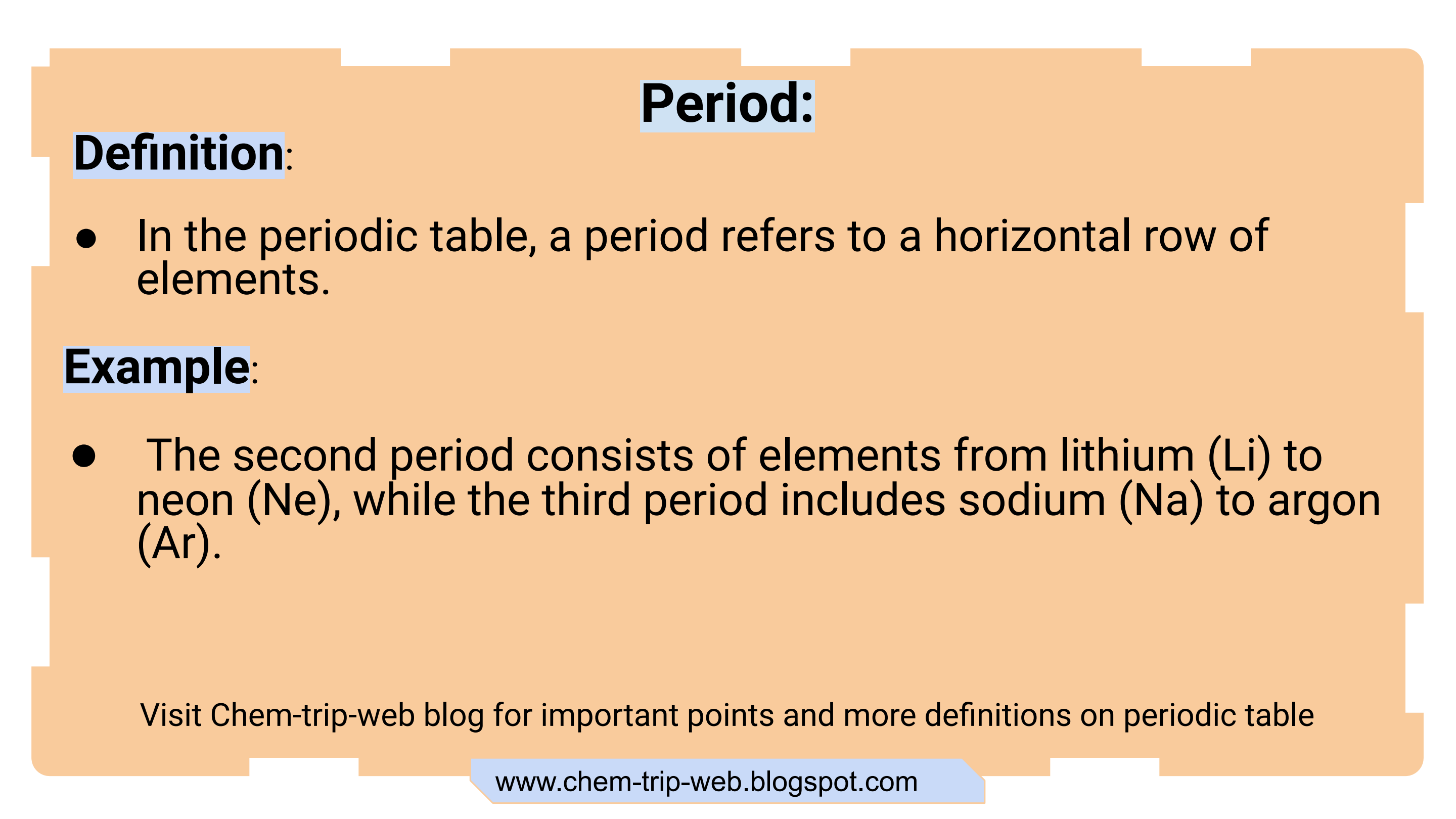 In the periodic table, a period refers to a horizontal row of elements.Examples: The second period consists of elements from lithium (Li) to neon (Ne), while the third period includes sodium (Na) to argon (Ar).