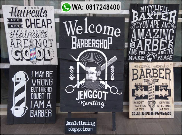 hiasan barbershop, jasa desain cafe, jasa lettering dinding, jasa lukis dinding, Pesanan papan nama Lettering hiasan dinding untuk barbershop di Tangerang Banten, welcome board, 