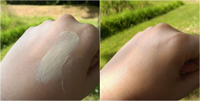 Two pictures of Apivita being blended in to the back of my hand