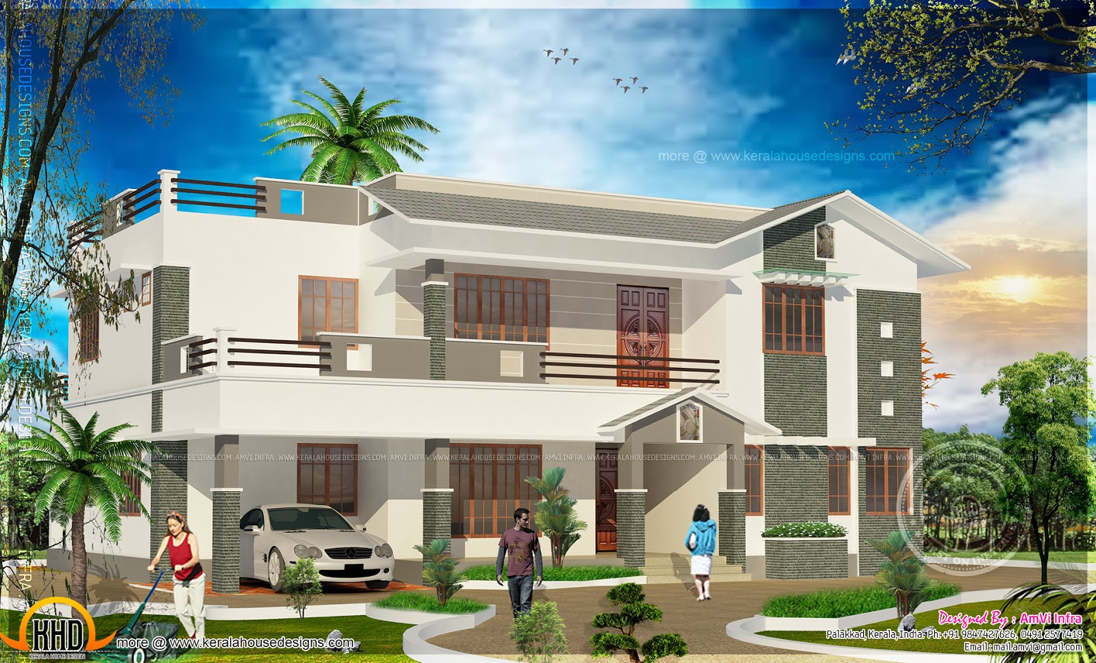  5  bedroom  house  elevation  with floor plan  Kerala home  