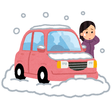 雪で立ち往生した車のイラスト（女性）