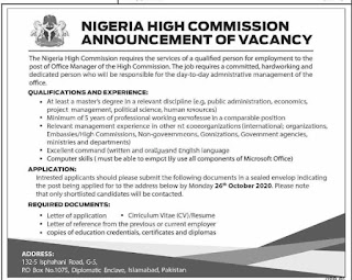 High Commission of Nigeria Islamabad Manager Jobs 2020