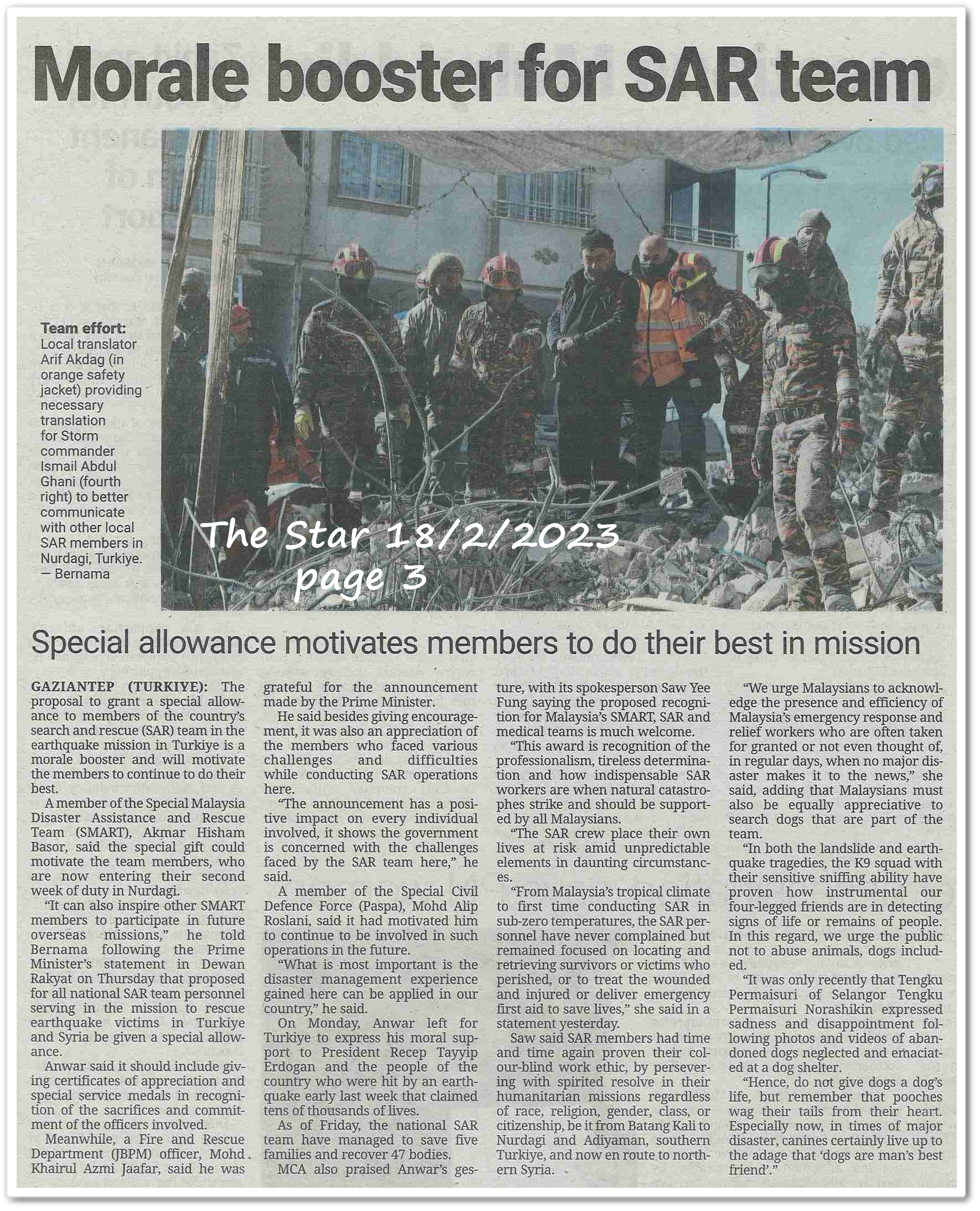 Morale booster for SAR team ; Special allowance motivates members  to do their best in mission - Keratan akhbar The Star 18 February 2023