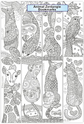 Animal zentangle coloring bookmarks