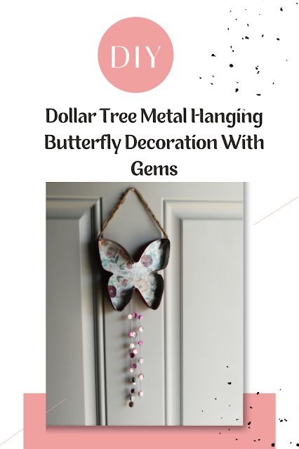 Pinterest pin showing Hanging metal butterfly with floral design and craft gems
