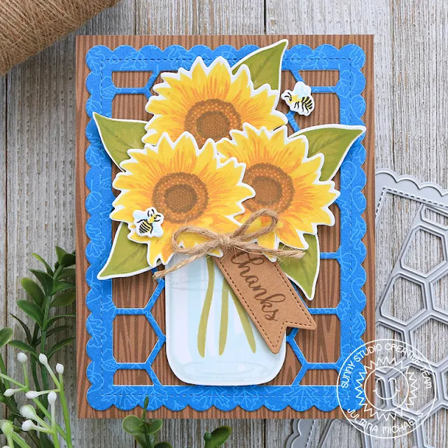 Sunny Studio Stamps: Sunflower Fields Frilly Frames Vintage Jar Thank You Cards by Juliana Michaels