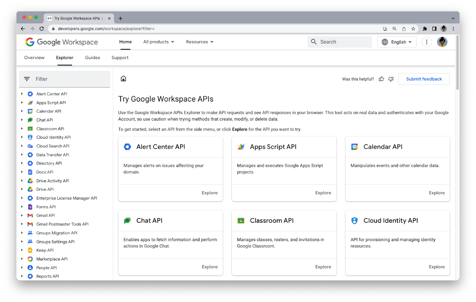 Screenshot of Google Workspace API Explorer