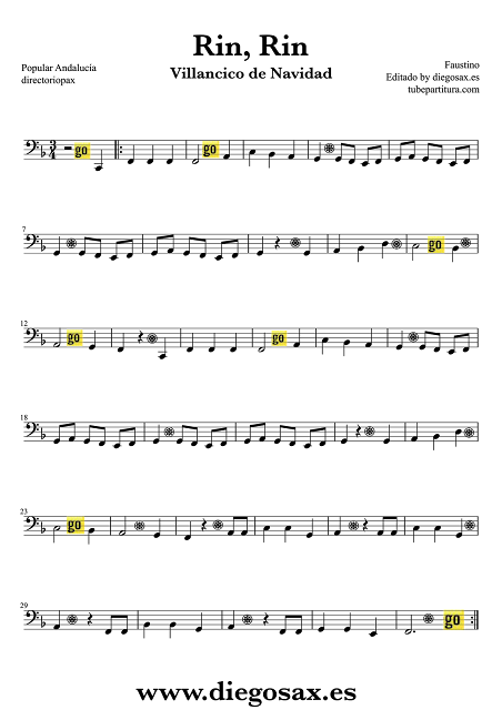 Villancico Popular Partitura en Clave de Fa de Hacia Belén Va Una Burra Rin Rin para Trombón, Tuba Elicón, Violonchelo, Fagot, Corno Inglés Bombardino, Trompa...Sheet Music  Christmas Song Rin Rin