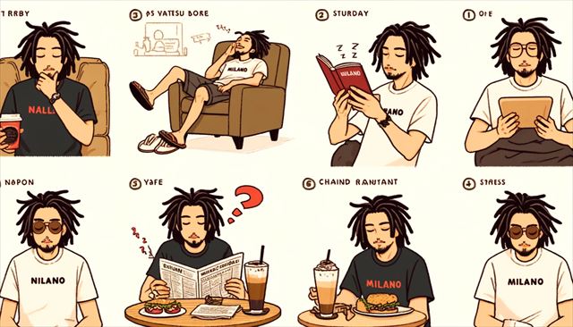 Create a wide illustration of a casual Japanese man with dreadlocks, depicted during his relaxed Saturday. The scene shows him napping at home in a comfortable chair, then moving to a cafe setting where he is reading a book with a Milano sandwich and a latte on the table. Later, show him in a chain restaurant, surprised by the price of a drink, examining a menu. He is dressed in a T-shirt and shorts or a hoodie. The style should be simple and minimalistic, focusing on his casual and leisurely day out.