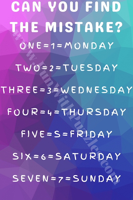 CAN YOU FIND THE MISTAKE? ONE=1=MONDAY, TWO=2=TUESDAY, THREE=3=WEDNESDAY, FOUR=4=THURSDAY, FIVE=S=FRIDAY, SIX=6=SATURDAY, SEVEN=7=SUNDAY