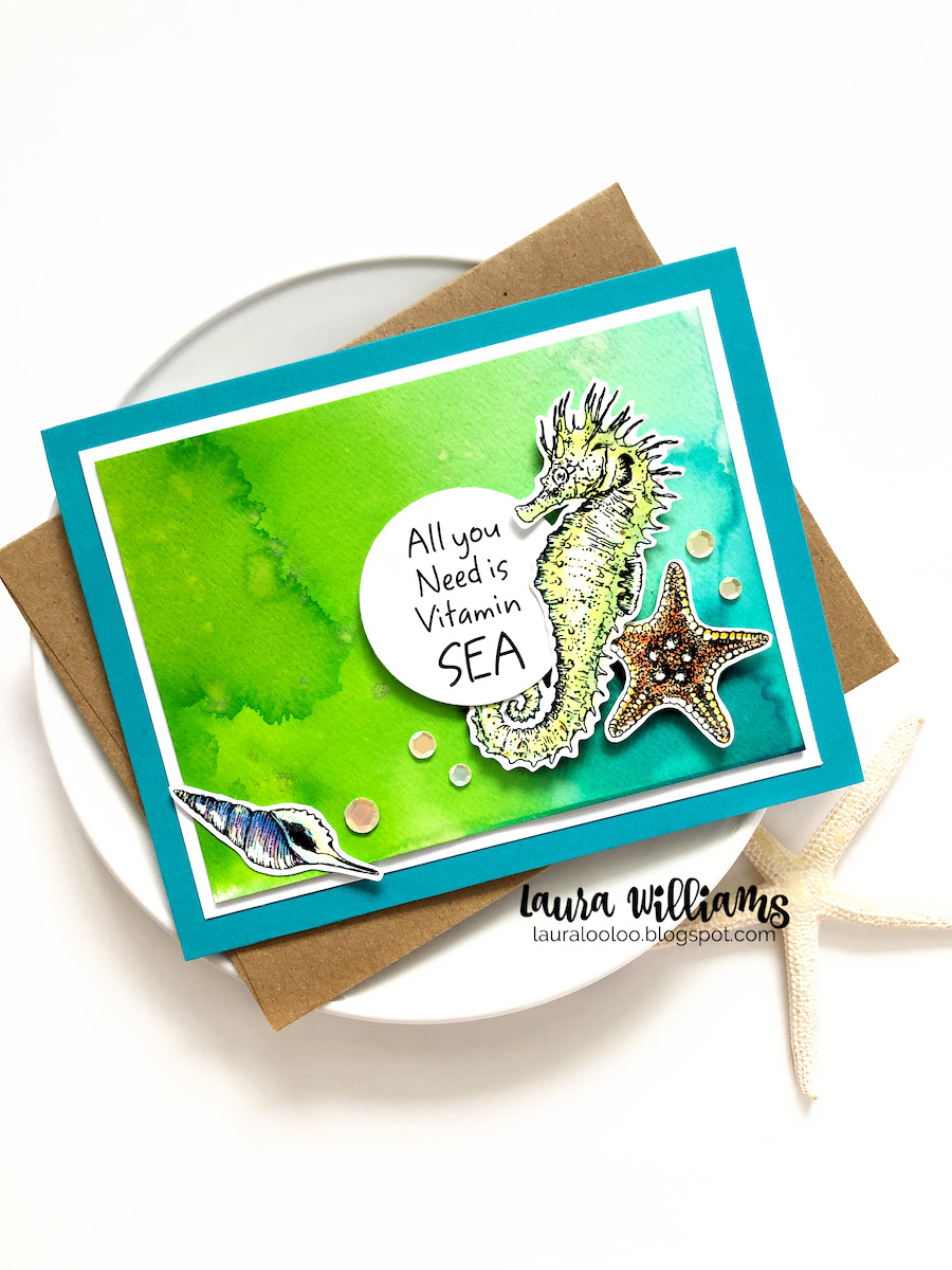 The stamp sets in today's blog post are under-the-sea beauties but each in their own special style. The first is a more realistic design with beautiful seashells and a sweet seahorse - this clear stamp set is called Seahorse & Shells. I started with a watercolored panel (using Jane Davenport Inkredible Inks) and added a seahorse and shells colored with pencils.
