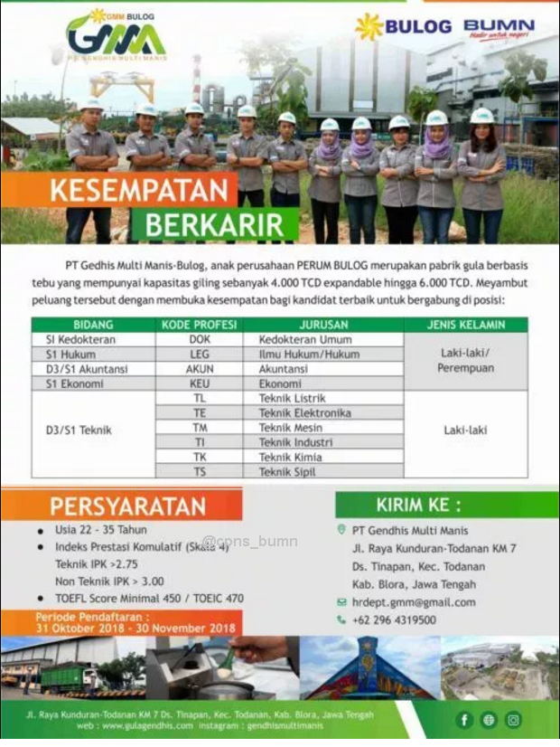 Rekrutmen Terbaru PT Gendhis Multi Manis (PERUM BULOG GROUP)