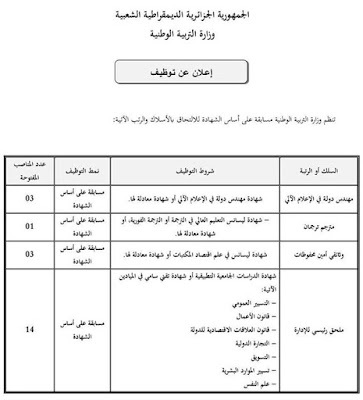 إعلان توظيف وزارة التربية الوطنية جويلية 2015