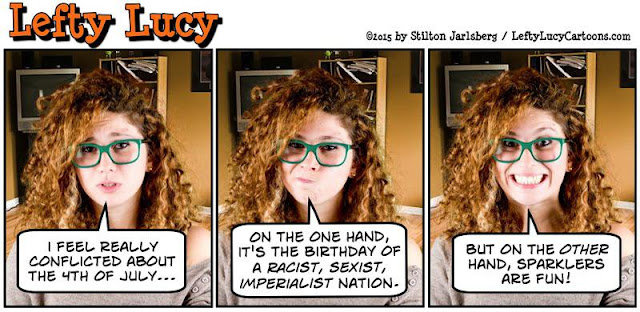 lefty lucy, liberal, progressive, political, humor, cartoon, stilton jarlsberg, conservative, clueless, young, red hair, green glasses, cute, democrat, 4th of july, sparklers