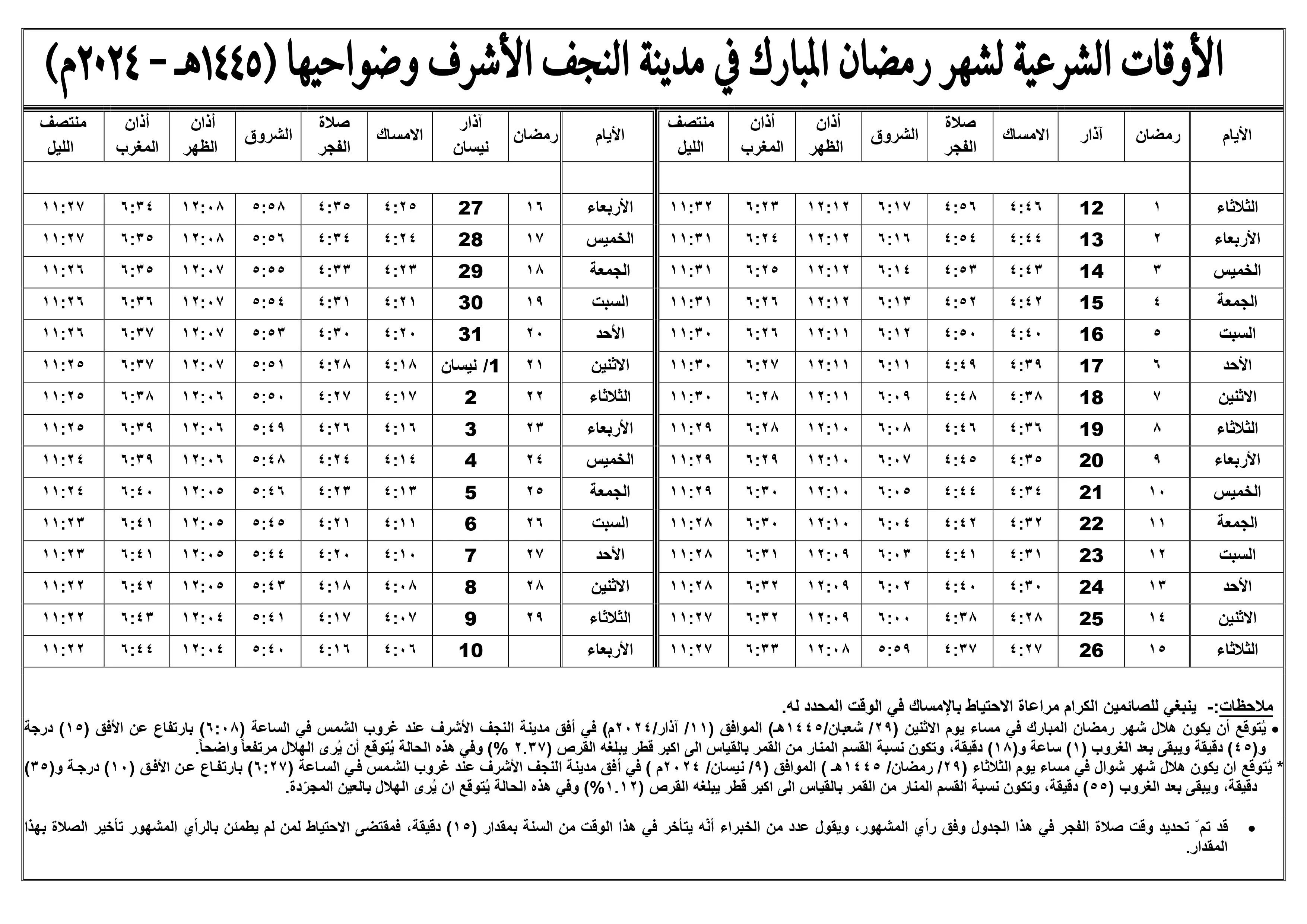 امساكية رمضان 2024 لجميع المحافظات العراقية