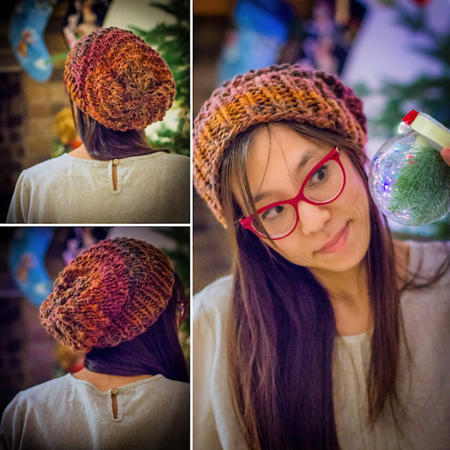Three image collage of a tan skin bespectacled Asian woman with long dark brown hair wearing a knitted earthy pinks and brown slouchy beanie with diagonal bump design. Left two images are from the back. Right image from the front, she’s looking at a turned upside down snow globe.