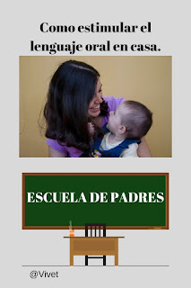 En el cartel aparece una foto mía y de mi pequeña cuando era bebé mirándonos a los ojos, abajo un letrero de Escuela de padre, y de título: como estimular el lenguaje oral en casa. 