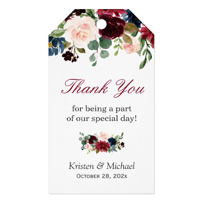  Burgundy Red Blue Floral Wedding Favor Thank You Gift Tags