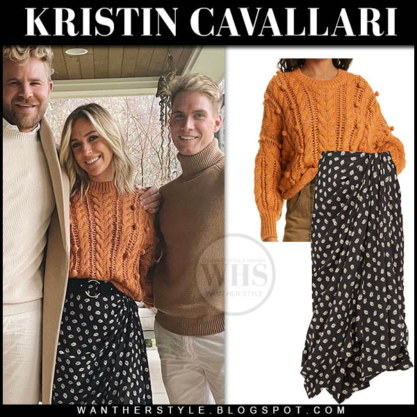 Kristin Cavallari in brown cable knit sweater and black floral skirt
