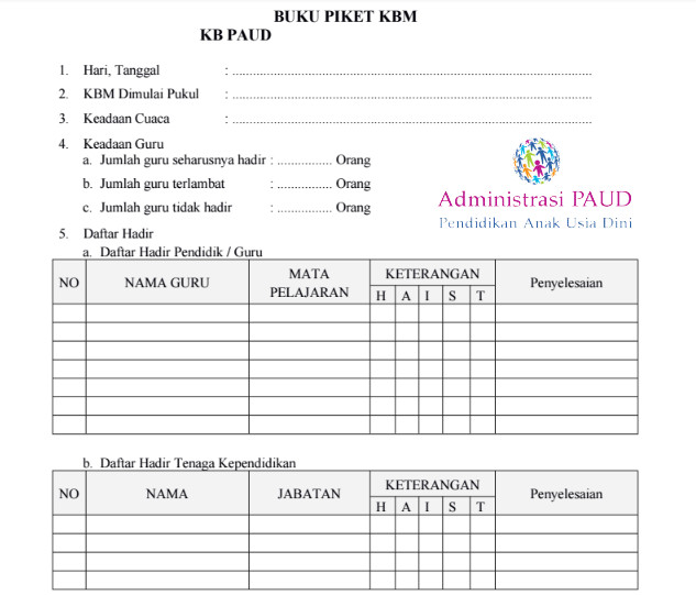 Contoh Format Buku Piket Harian Guru PAUD TK KOBER TPA