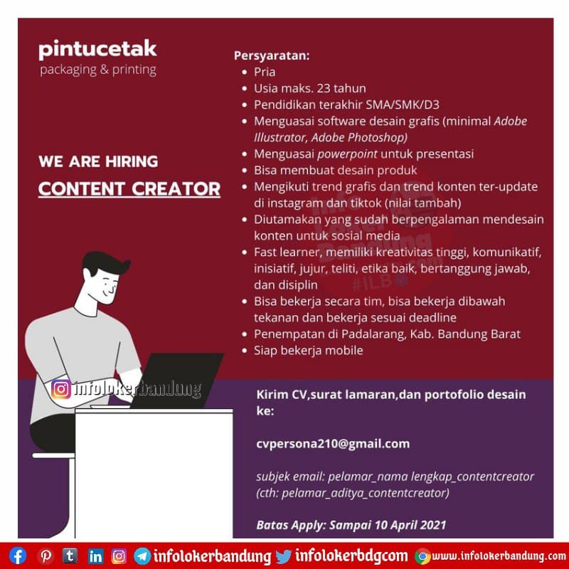 Lowongan Kerja Content Creator CV. Persona (Pintucetak) Bandung Maret 2021