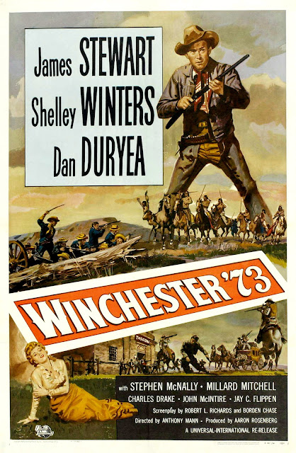 WINCHESTER '73. Cartel One Sheet reposición 1958: 69 x 104 cms. Estados Unidos. Basado en el arte de Reynold Brown. WINCHESTER 73. Winchester '73. 1950. Estados Unidos. Dirección: Anthony Mann. Reparto: James Stewart, Shelley Winters, Dan Duryea, Stephen McNally, Charles Drake, Millard Mitchell, John McIntire, Jay C. Flippen, Will Geer, Rock Hudson, Tony Curtis, James Best.