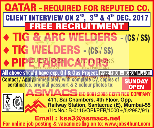 Reputed company jobs for Qatar - Free Recruitment 