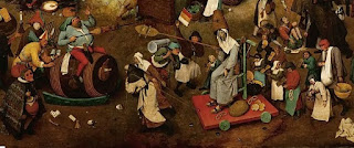 trecho do quadro de Bruegel com foco no homem que monta o tambor e outro que está com espeto de carne   