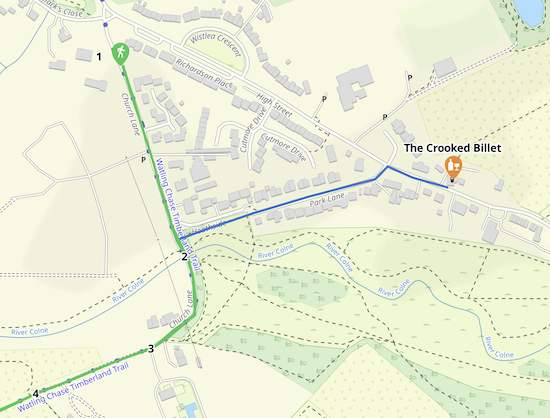 Map for the detour (in blue) to The Crooked Billet