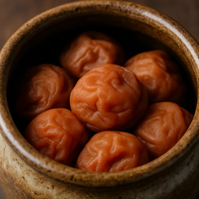 美濃焼の素朴な茶色の壺に詰められた、しっとりとした梅干しのAI画像