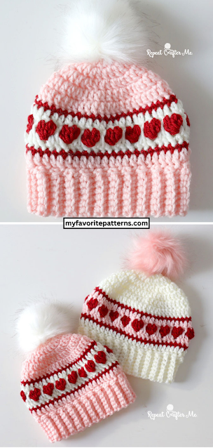 Free Crochet Hearts in a Row Striped Hat Pattern