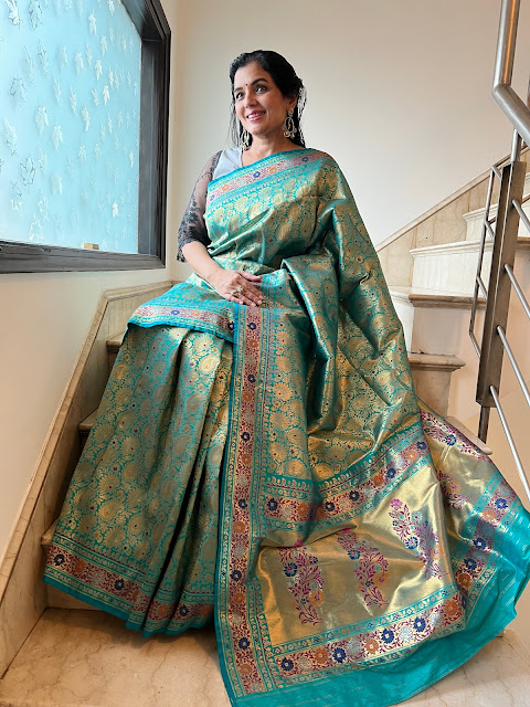 Silk brocade turquoise saree