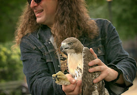 Ranger Rob holds up a fledgling red-tailed hawk.