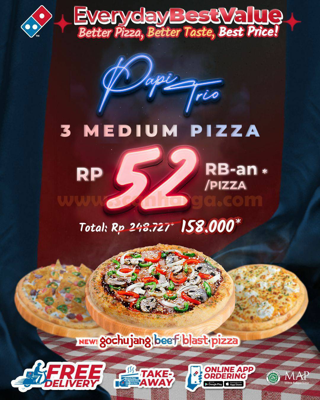 DOMINO'S PIZZA Promo PAPI TRIO - Beli 3 Pizza hanya Rp 52Ribuan*