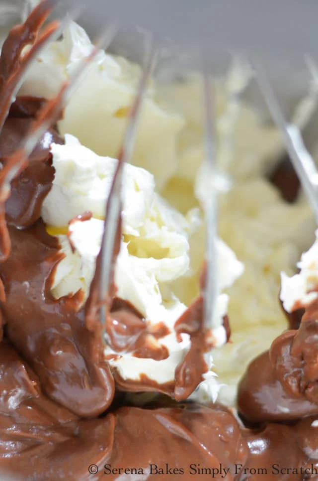 Chocolate Pudding with Cream Cheese in mixing bowl.