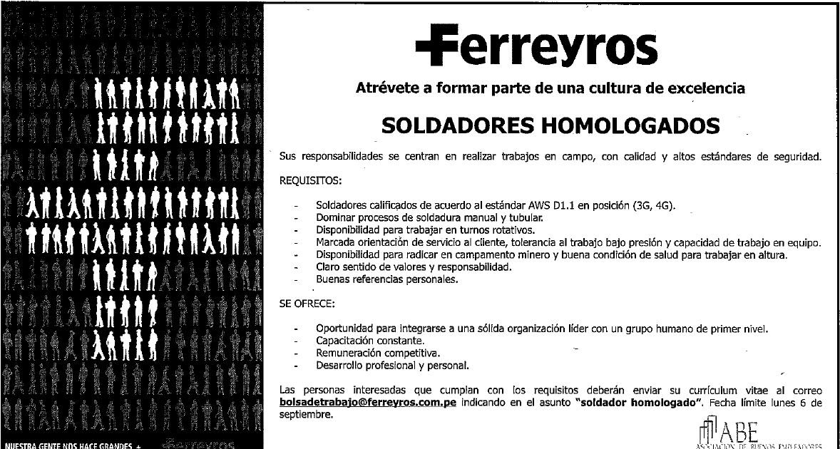 ¡QUIERO TRABAJO EN MINA!: SOLDADORES HOMOLOGADOS - FERREYROS