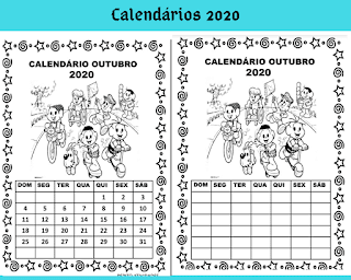 Calendário Outubro turma da Mônica para imprimir colorir e preencher em 2020.