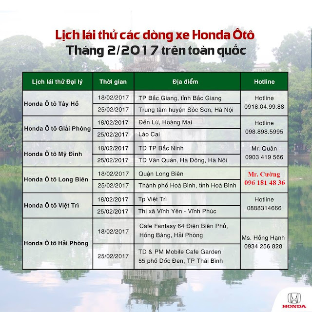 Lịch lái thử xe Honda Ô Tô