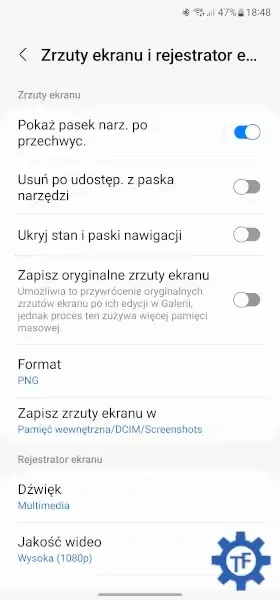 Ustawienia sekcja zrzuty ekranu