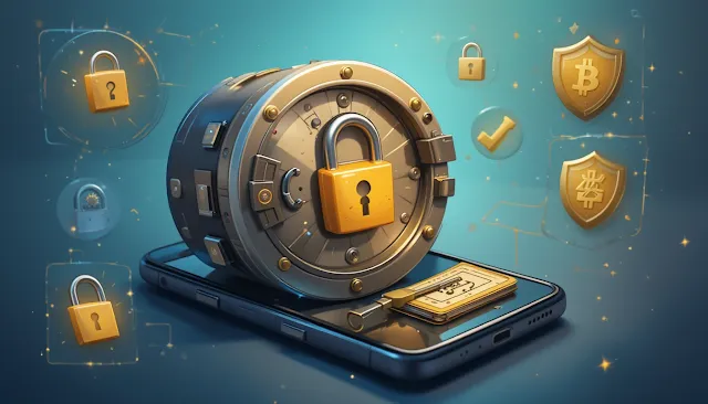 Concept art of a vault door over a smartphone screen, with padlocks, 2FA key, hardware wallet (Ledger-style), and shield icons around it, representing secure crypto storage