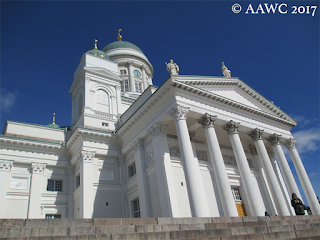 Helsinki Cathedral, a white building set against a blue sky.